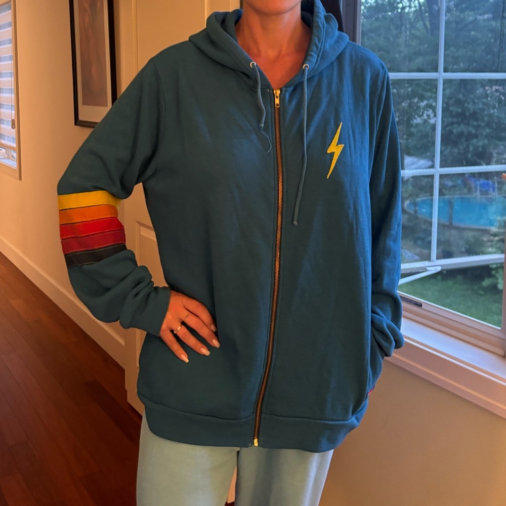 Aviator Nation Teal Hoodie with Rainbow Sleeve Stripes